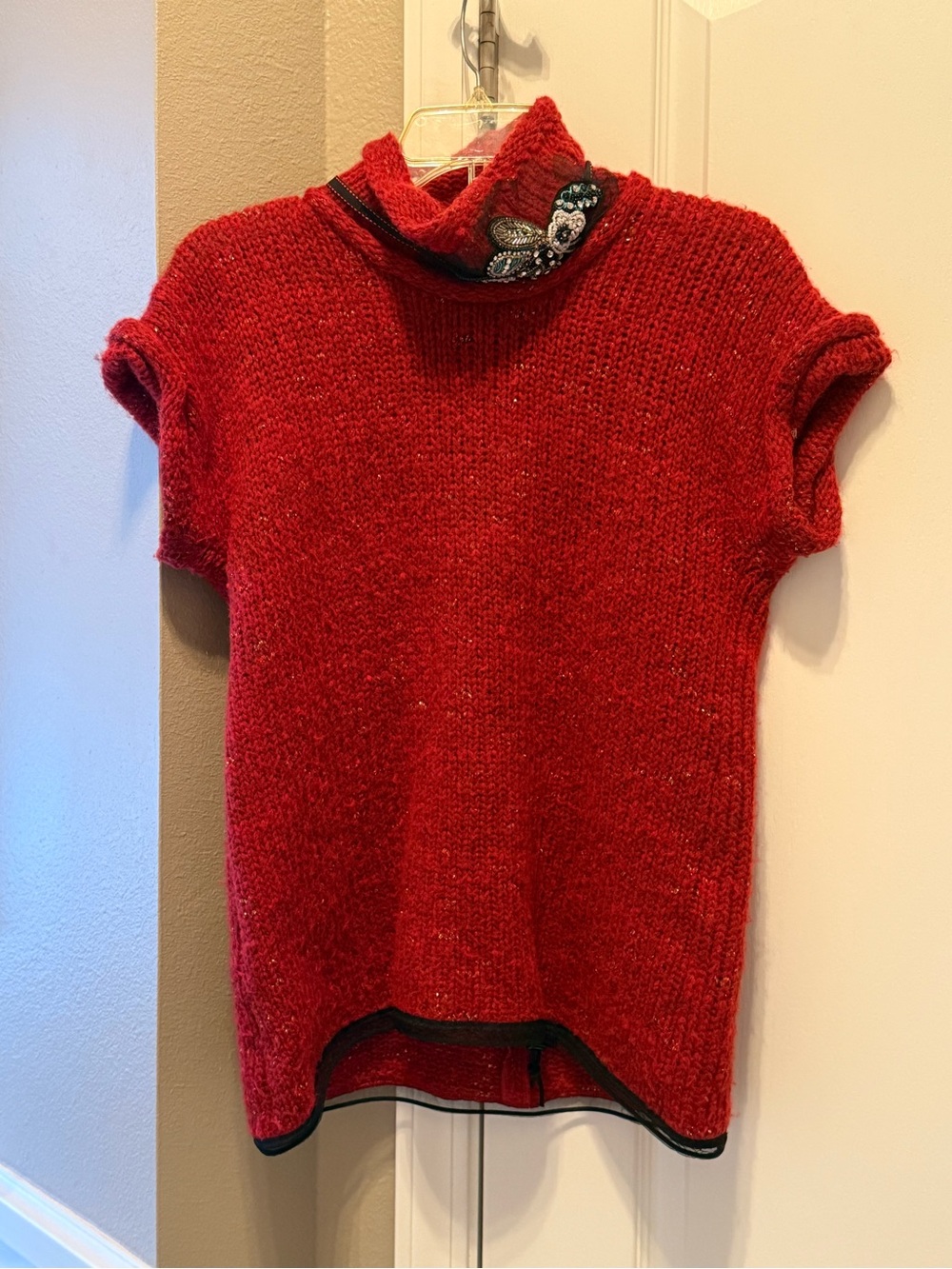 Beate Heymann Street Couture Red Beaded Turtleneck Wool Blend Sweater Top US 10
